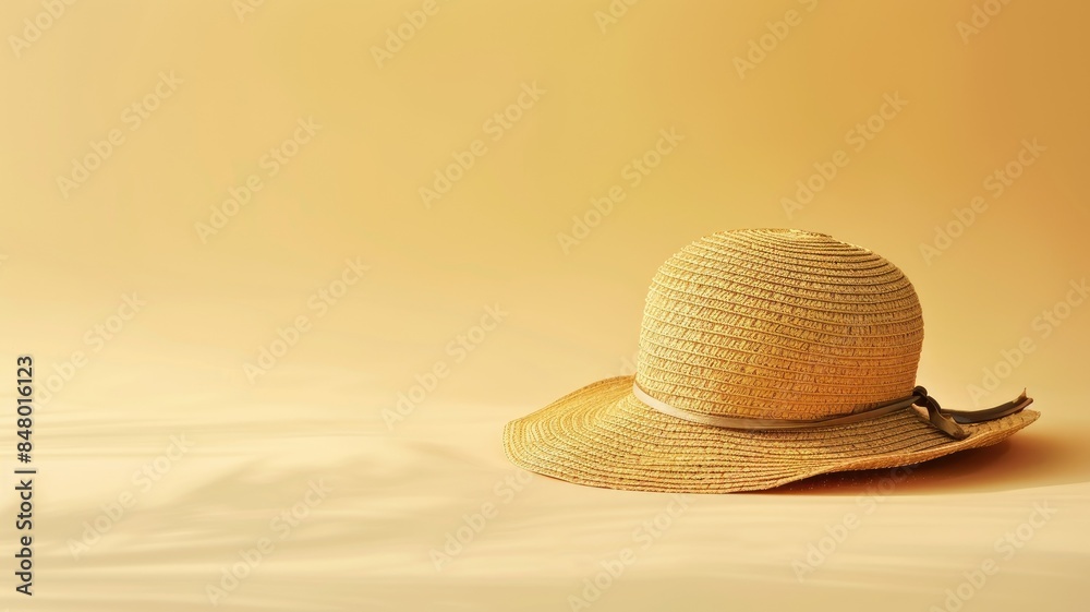 Wall mural Straw hat with wide brim on beige background