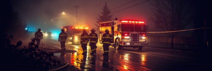 Fire Trucks and Firefighters in Action at Night