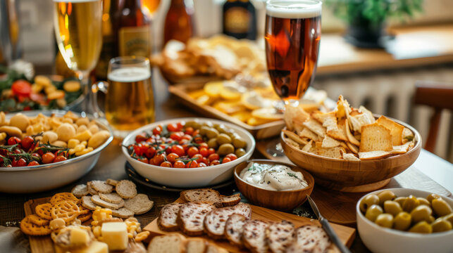 Table full of tasty snacks and beer prepared for party