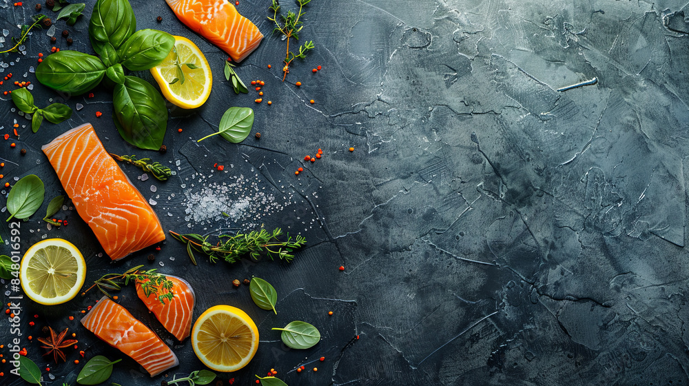 Wall mural Delicious juicy piece of salmon with spices on a black background