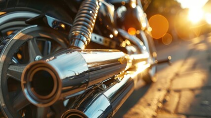 Close-up of motorcycle exhaust pipes reflecting sunlight on urban street