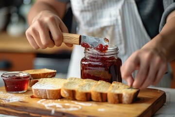A close-up shot of a chef's hands as they skillfully spread jam on bread, illustrating culinary care and attention