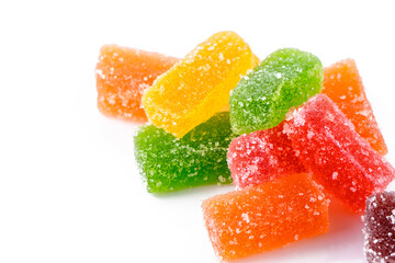 Sweet delicious multi-colored marmalade or jelly candies assorted in sugar sprinkles with fruit and...