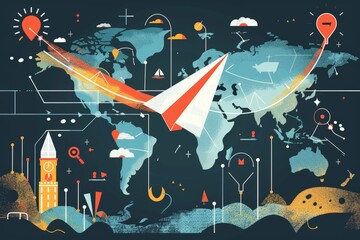 Wanderlust Journey: Paper Plane Soaring Above Map with Travel Icons in Flat Design Style