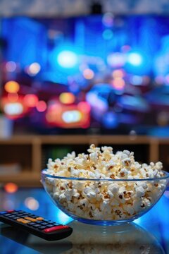 Bowl of Popcorn and Remote Control on Couch
