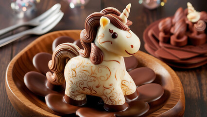 A mouthwatering 3D render of a delightful unicorn made entirely of brown and white chocolate
