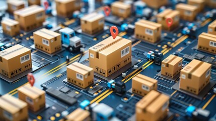 A close-up shot of miniature cardboard packages moving along a circuit board model, representing the process of package delivery and logistics