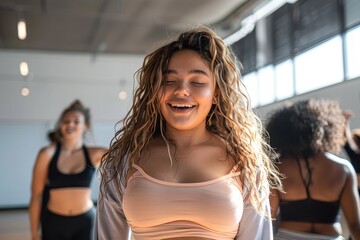Energetic young woman enjoying a dance class with blurred friends in the background