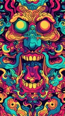 Fototapeta premium Psychedelic skull showing tongue surrounded by colorful abstract shapes