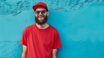 Happy bearded man in casual red shirt and cap standing against blue wall