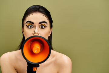 Brunette woman with pop art makeup holds megaphone, ready to amplify her message.