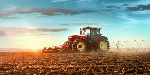 Obraz premium red agricultural tractor plows the field with a trawler for sowing wheat, against the backdrop of sunset, poster