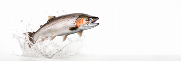Salmon jumping, rainbow trout fish jumping with splashing in water