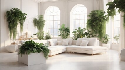 Fototapeta premium Modern Living Room with Lush Greenery