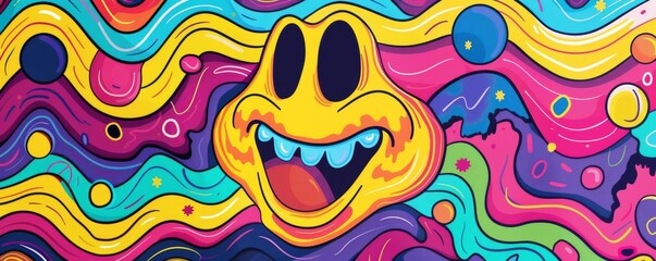 Fototapeta premium Funny cartoon monster face smiling and showing teeth over colorful abstract background