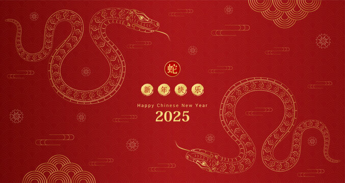 Happy Chinese New Year 2025. Two golden snakes facing each other. Zodiac on red background for card design. China lunar calendar animal. Translation happy new year 2025, year of the snake. Vector.