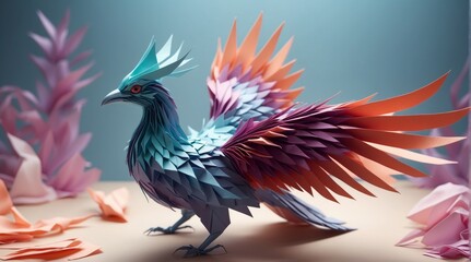 Obraz premium Colorful Origami Phoenix with Vibrant Feathers