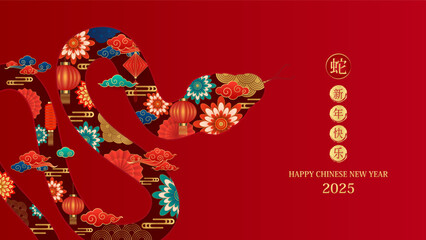 Happy Chinese New Year 2025. Snake zodiac with lanterns, cloud on red background for card design. China lunar calendar animal. Translation happy new year 2025, year of the snake. Vector EPS10.