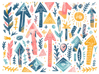 Colorful abstract arrows and symbols, artistic illustration, playful design, vibrant colors, creative patterns, whimsical, doodle art, unique composition, modern graphic, fun elements

