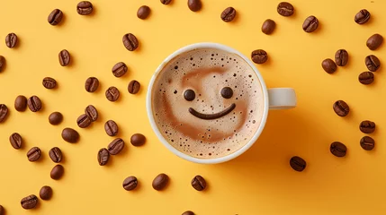Fototapete Rund Cup of coffee with smile and coffee beans on foam on isolated background © Taisiia