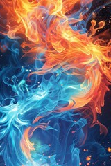 Fototapeta premium Abstract artwork showcasing the dynamic interplay of blue and orange flames, illustrating the contrast and harmony of fire and ice elements.