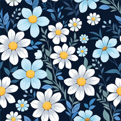 Beautiful white and blue flowers on black background seamless pattern for fabric textile wallpaper.