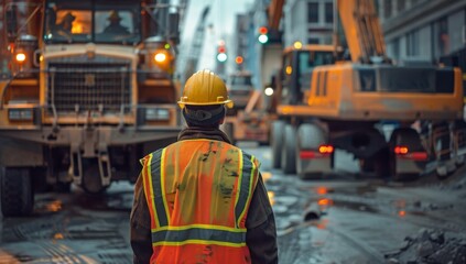 Worker is wearing an orange hi visibility vest and yellow helmet, standing in front of the truck with cranes at a construction site, facing away from the camera. Heavy machinery such as trucks cranes