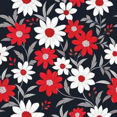 Beautiful red and white flowers on black background seamless pattern. This pattern can be used for fabric textile wallpaper background.