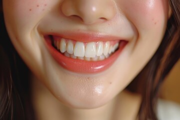 Obraz premium A close-up of a person smiling with white teeth and glowing skin, capturing a warm and joyful expression in natural lighting.