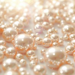 Elegant, close-up image of shimmering, iridescent pearls in various sizes, reflecting soft light, creating a luxurious and sophisticated feel.