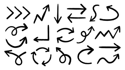 A set of Thin Arrows with Crayon pencil texture. Chalk brush dynamic cursors squiggles lines