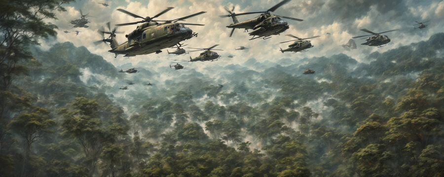 Military hellicopters flying over a huge jungle during the 1960s. Highly detailed illustration