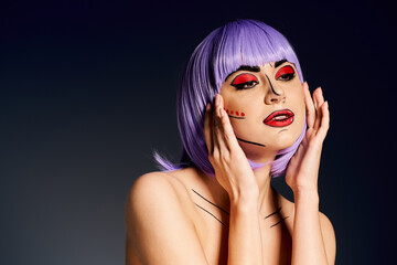 A woman channels a comic book character with vibrant purple hair and pop art makeup, embracing her creative identity.
