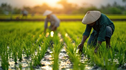A farmers tending to rice paddies in lush green fields , Illustrating the rich tapestry of Asian agriculture
