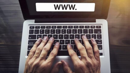 Digital search, Hands typing on laptop keyboard with "WWW." search bar on screen, User interaction and technology concept