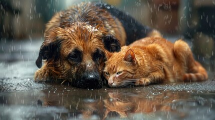 Abandoned dog and cat seeking refuge in rain on empty street, Desperate struggle