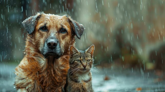Stray dog and cat in the rain, Heartbreaking image of abandoned pets looking sad and hungry on empty street