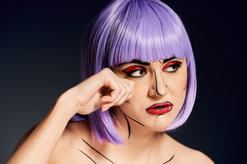 Fototapeta premium A striking woman with vibrant purple hair and bold makeup, reminiscent of a character from a comic book, showing cry