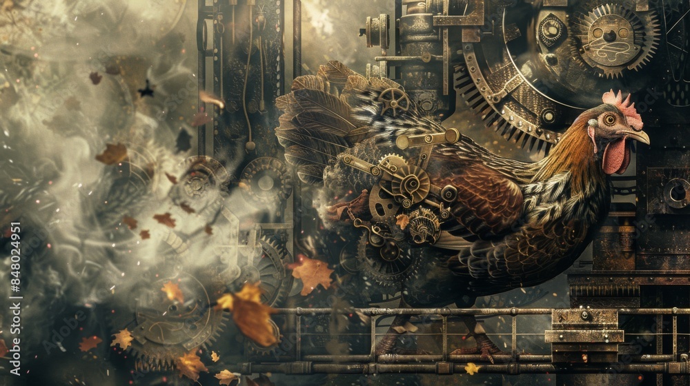 Wall mural mechanical marvel: steampunk chicken frying contraption with intricate gears and vintage industrial  - Wall murals