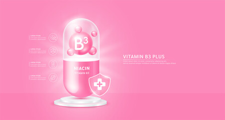 Vitamin B3 plus or Niacin in pink capsule with cross shield on podium. Antibiotic collagen and minerals essential health care. Ads dietary supplements and beauty. Medical pharmacy concept. Vector.