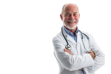 Fototapeta premium Smiling Bald Senior Doctor in White Lab Coat on White Background
