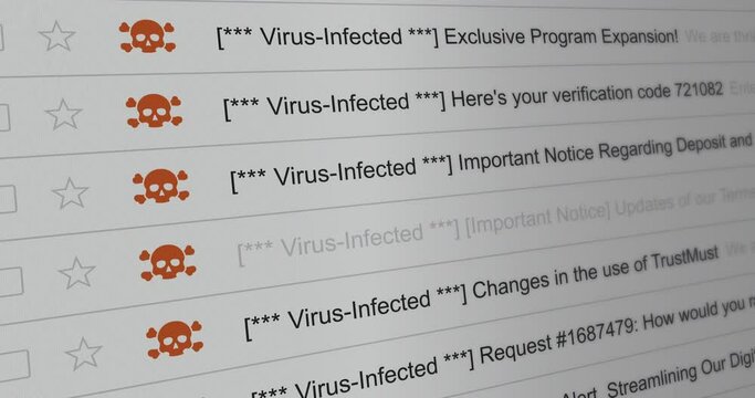 Scrolling list of virus-infected emails, row of emails with malware, seamless loop footage close up 