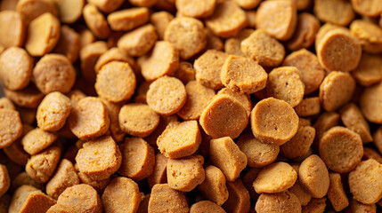 Dry dog food in the form of flat pucks of light brown color. Healthy and proper nutrition for domestic dogs. Close-up.