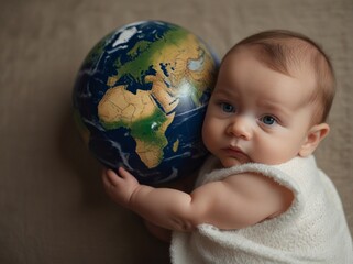 Baby holding a globe with a curious expression
