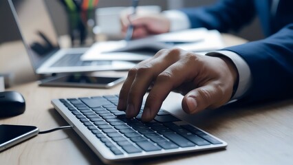 Business man hands typing on laptop computer keyboard, searching information, surfing the internet on dark office desk, distance job, online working, business and technology concept