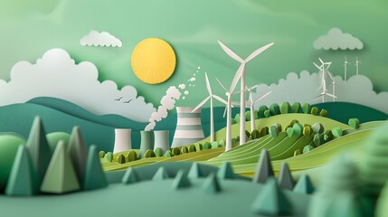 Illustration of renewable energy a paper cut-out transition from traditional energy sources to renewable energy and eco-friendliness and sustainability.
