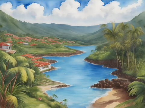 Jarabacoa Dominican Republic Country Landscape Watercolor Illustration Art