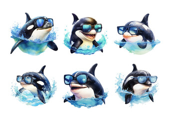 Cute watercolor painting style illustration of Killer Whale, isolated on white background