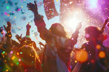 Obraz premium A crowd of people celebrate at a music festival with confetti and bright lights.