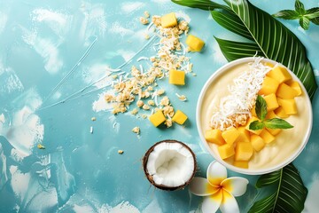A delicious mango smoothie bowl topped with coconut flakes, fresh mango, and a sprig of mint.